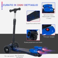 Monopattino a 3 Ruote per Bambini Piccoli 3-6 Anni, Pieghevole, Regolabile con Musica, Ruote Luminose e Razzi, Blu