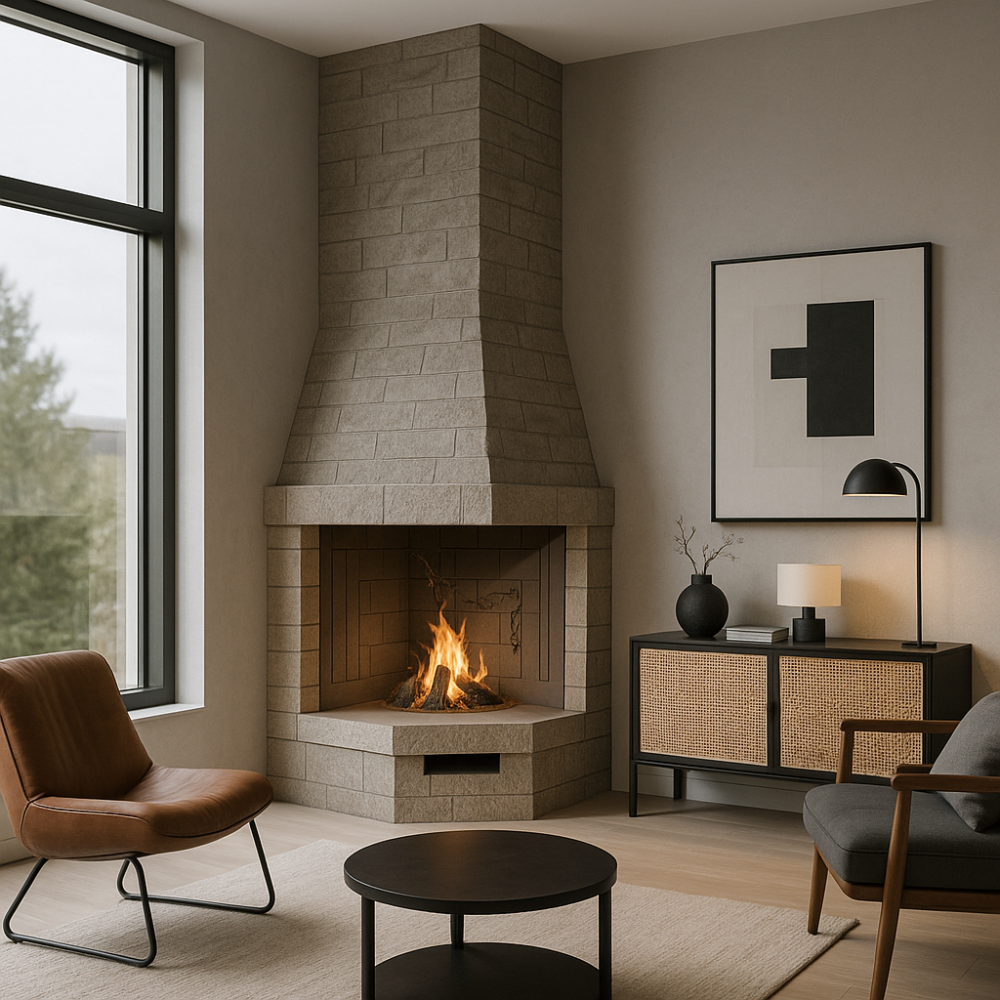 Camino a legna prefabbricato con focolare in ghisa aperto rot100tgh esagonale