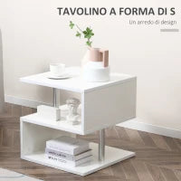 Tavolino Basso Da Salotto, Tavolino da Salotto Bianco, Design Moderno, Superficie Ampia, Due Ripiani, Forma S, in Legno e Ferro, 50 x 50 x 50cm, Bianco