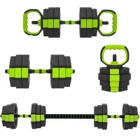 Set di Manubri Regolabili da 25 kg 4 in 1, con funzione di Kettlebell, Manubri, Bilanciere e Supporto per Flessioni, Verde