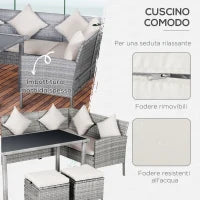 Set da Giardino a 5 Pezzi in Rattan e Acciaio Grigio con 2 Divani, Tavolino e 2 Sgabelli