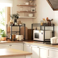 Porta Microonde Estensibile a 2 Livelli con 3 Ganci, in Metallo, 39.5-64x32x47.5 cm, Nero