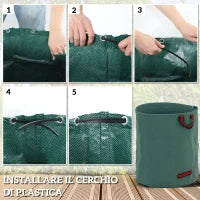 Set 3 Sacchi per Rifiuti da Giardino da 272 L con Manici, Richiudibili e Riutilizzabili, Ø67x76 cm, Verde
