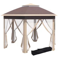 Gazebo 4x4m Impermeabile Pop-up Esagonale Pieghevole, Doppio tetto, Gazebo da Giardino con 6 Pareti Laterali, Tenda da Festa con Borsa da Trasporto Inclusa, Beige e Khaki