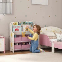Scaffale Portagiochi con 6 Cassetti in Tessuto e Libreria a 2 Livelli, in Legno e Acciaio, 63x30x71 cm, Rosa