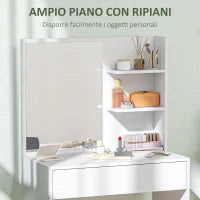 Tavolo da Trucco con Specchio, 3 Ripiani ad Angolo e Cassetto, in Legno e Vetro, 75x40x137 cm, Bianco