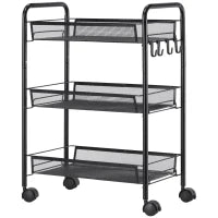 Carrello da Cucina a 3 Livelli con Cesti Removibili e 4 Ruote, in Acciaio e Plastica PP, 41.5Lx26.5x63 cm, Nero