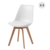 Set 4 Sedie da Pranzo Stile Nordico in Plastica con Gambe in Legno e Cuscino in Finta Pelle, Bianco