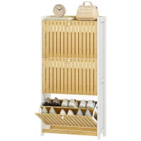 Scarpiera Stretta con 3 Porte in Bambù con Doghe Ripiani Regolabili per 18 Paia di Scarpe Bianco e Naturale