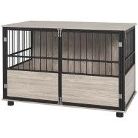 Gabbia per Cane Interna, Tavolino, 100 x 60 x 68 cm, Nido, 3 Porte Bloccabili, Legno Nero