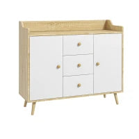 Credenza Moderna in Truciolato e Legno di Pino con 3 Cassetti e 2 Armadietti a 2 Livelli, 90x32x80A cm
