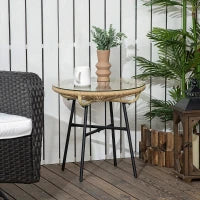 Tavolino da Giardino Rotondo Stile Boho in Rattan PE e Vetro, Ø50x50cm, Beige