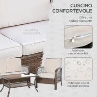 Set Mobili da Giardino in Rattan Marrone, Set Tavolino, Sedie e Divano da Esterno 4Pz con Cuscini Imbottiti Cachi