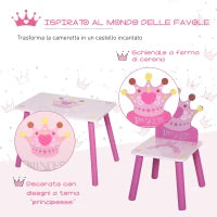 Set Tavolo e 2 Sedie a Tema Principesse per Cameretta Bambini in Legno Rosa con Schienale a Forma di Corona