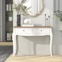 Tavolo Consolle Moderno con 2 Cassetti in Legno, 100x35x76.5 cm, Bianco e Marrone Scuro