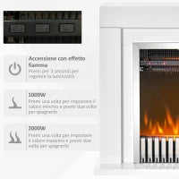 Camino Elettrico da Terra con Effetto Fiamma Realistico, Timer e Telecomando, 1000W e 2000W, 79x26x77.5cm, Bianco e Nero