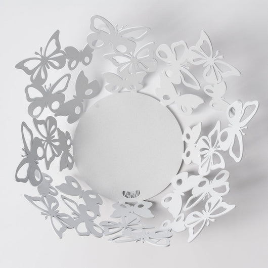 Centrotavola Farfalloso piccolo Ø31 cm in ferro traforato color Bianco marmo Design moderno con farfalle decorazione tavolo elegante Made in Italy