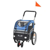 Carrello 2 in 1 Passeggino per Cani e Rimorchio Bici, Ruota Girevole Catarifrangenti e Bandierina 130x58x94cm Blu