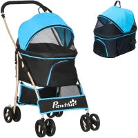 Passeggino per Cani Convertibile con 2 Guinzagli e Cuscino, in Acciaio e Poliestere, 82x49.5x98 cm, Azzurro e Nero
