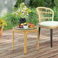 Tavolino da Giardino in Rattan e Vetro Rotondo in Stile Boho Chic, Ø50x44 cm, Giallo