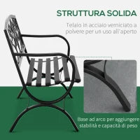 Panchina da Giardino 2 Posti in Acciaio e Ghisa con Braccioli e Decorazione, 128x58.5x85cm, Nero