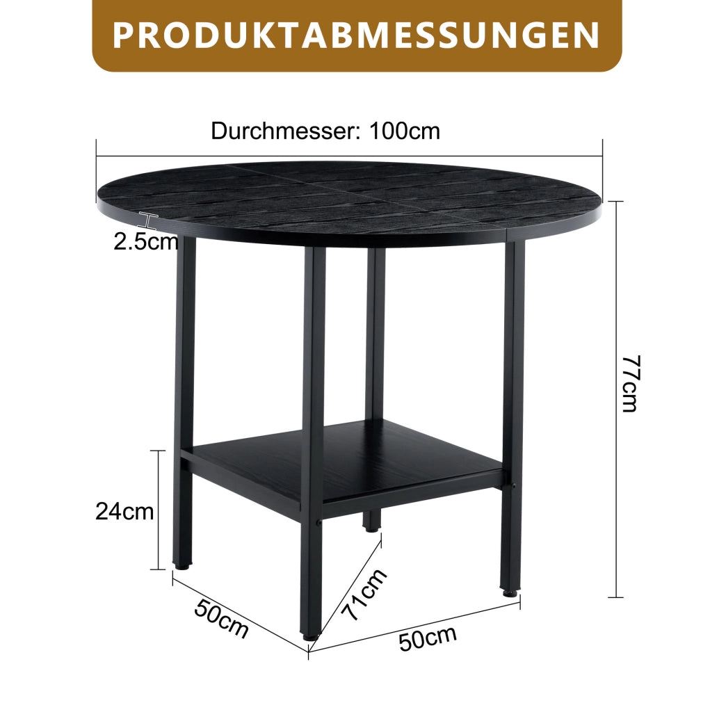 Tavolo da pranzo rotondo moderno 100 cm con doppio ripiano portaoggetti; MDF e metallo; nero