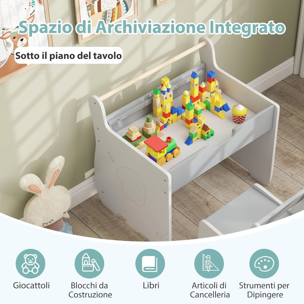 Set Tavolo e Sedia per Bambini 2 in 1, Set con Scrivania e Sedia in Legno per Bambini con Piano Rimovibile, Spazio di Archiviazione e Porta Rotolo di Carta per Aula e Cameretta (Grigio+Bianco)