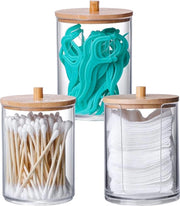 Organizzatore per spugne e tamponi in cotone con coperchio in bambù - Set da 3 - Organizzatore di cosmetici con dispensatore - Scatola di conservazione per il trucco