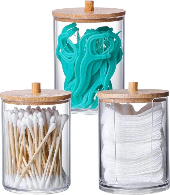 Organizzatore per spugne e tamponi in cotone con coperchio in bambù - Set da 3 - Organizzatore di cosmetici con dispensatore - Scatola di conservazione per il trucco