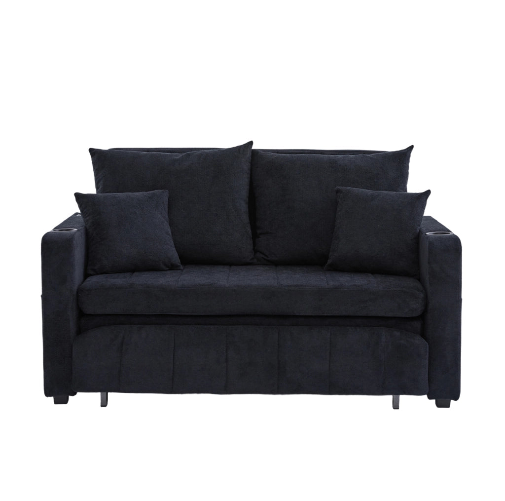 Divano letto 139x73x83 cm nero, USB, portabicchieri, tessuto chenille