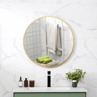 Specchio Rotondo da Bagno con Superficie Antiurto, in Vetro e Acciaio, Ø70x2.5 cm, color Oro