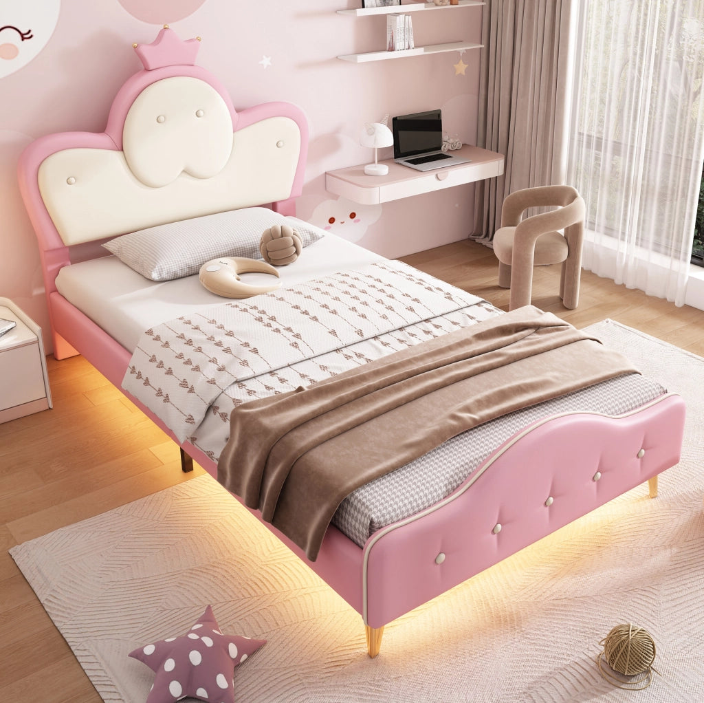 Letto singolo 90x200 cm con LED; testiera ondulata e corona; PU bianco e rosa
