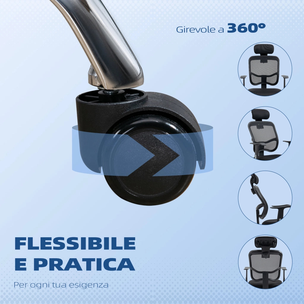 Sedia da Ufficio Ergonomica con Poggiatesta 63x62x106-114 cm in Poliestere e Acciaio Nero