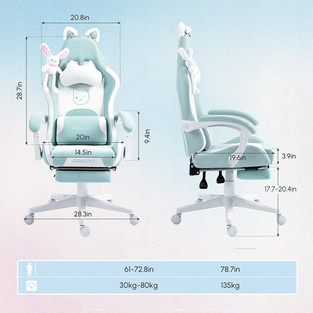 Sedia Gaming DOWINX Verde Menta a Tema Coniglio con Poggiapiedi; Schienale 145° e Portata 150 kg