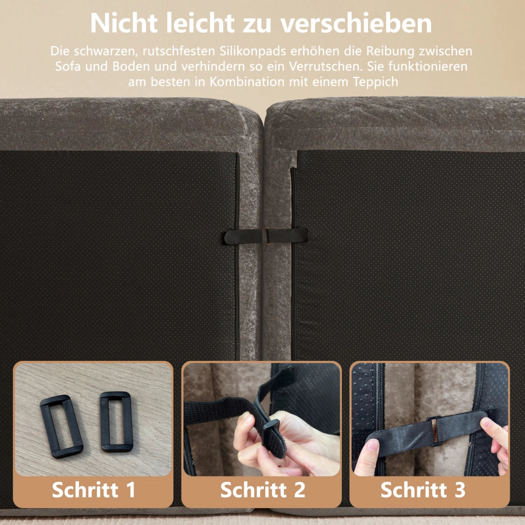 Divano modulare in chenille taupe con pouf; struttura senza telaio e base antiscivolo