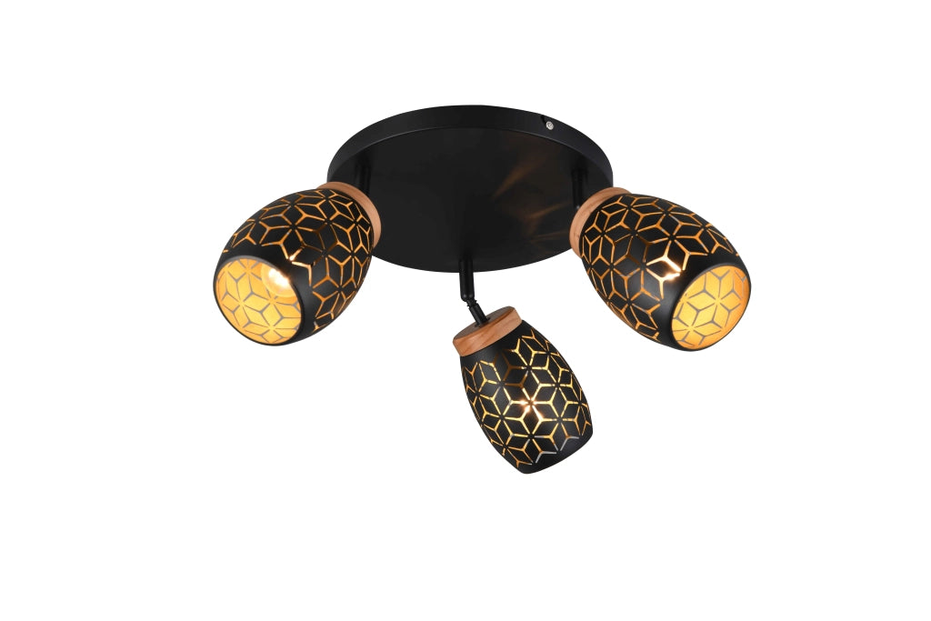 Plafoniera 3 spots, metallo, nero e legno, D 58 cm, Bidar