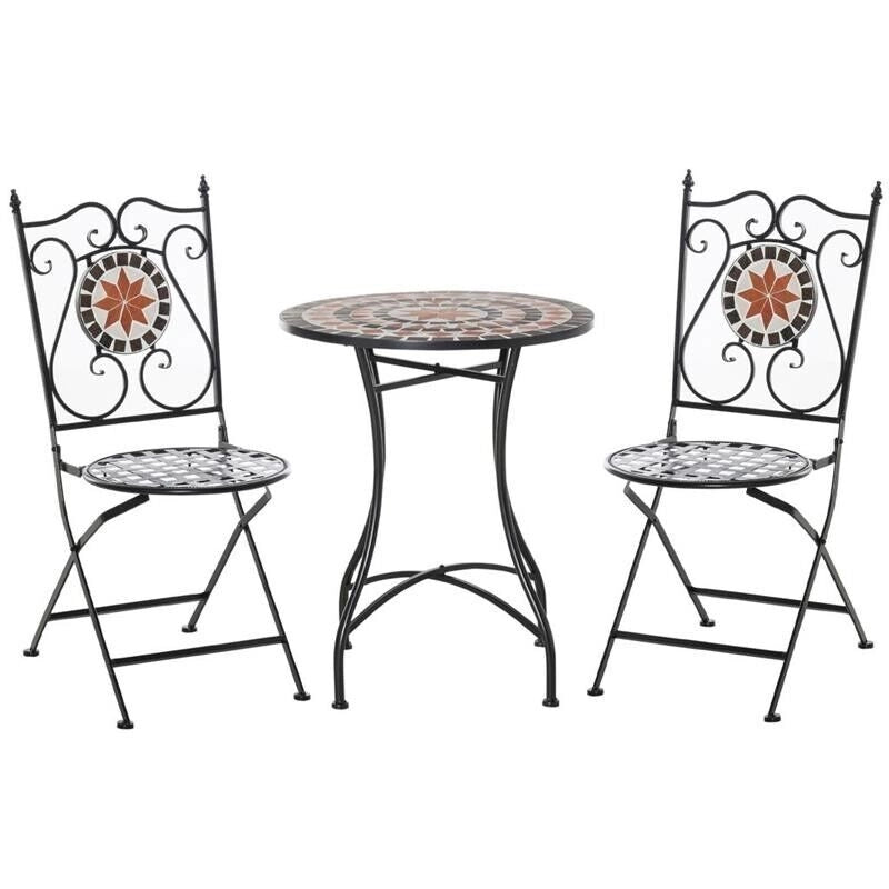 SET CON TAVOLO TONDO E 2 SEDIE PIEGHEVOL IN METALLO E CERAMICA MOSAICO