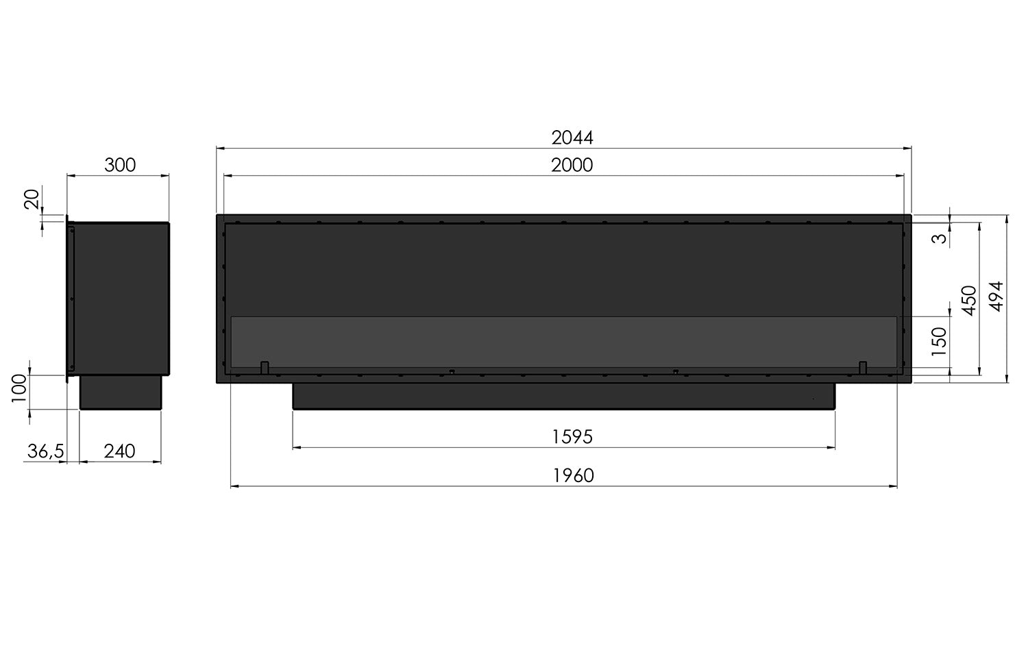 Camino a Bioetanolo da Incasso 204,4x59,4x30 cm Inside 2000 Slim Nero con Vetro