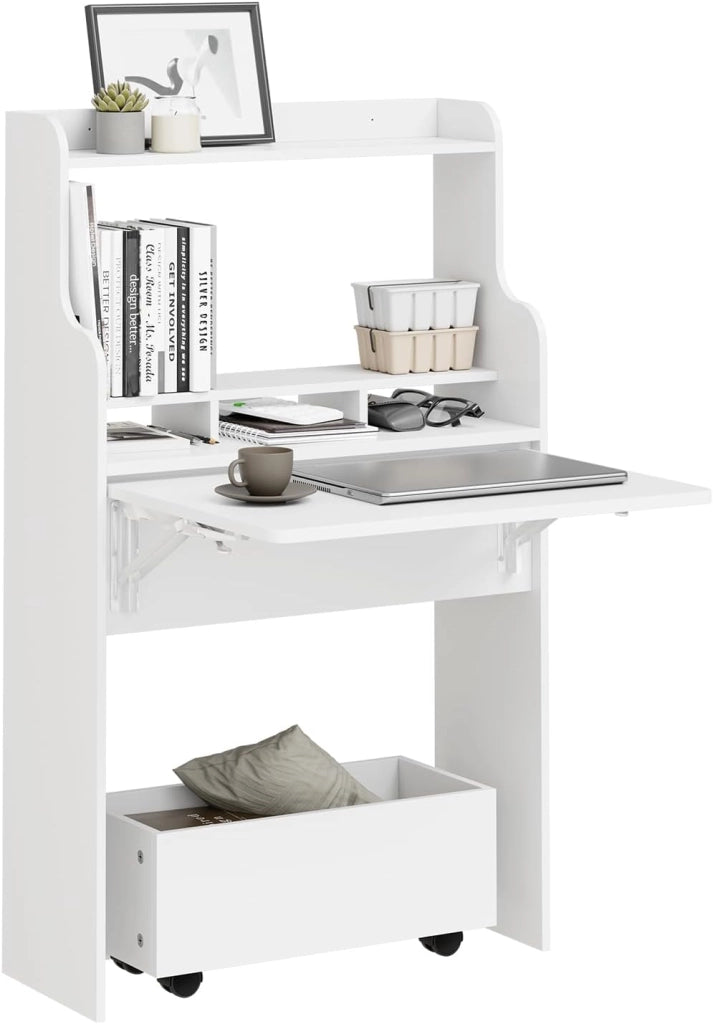 Scrivania Pieghevole a Muro Scrivania Salvaspazio Richiudibile con Scatola Portaoggetti con Ruote Tavolo Pieghevole Bianco 64x63x100,6 cm FWT105-II-W