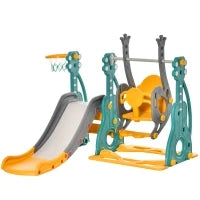 Scivolo 3 in 1 per Bambini con Altalena Regolabile, Canestro e Palle per Cameretta e Giardino, 152x149x107cm, Blu, Grigio, Giallo
