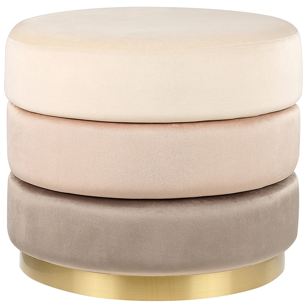 Pouf in tessuto di velluto di colore beige rotondo con base in oro glamour stile moderno