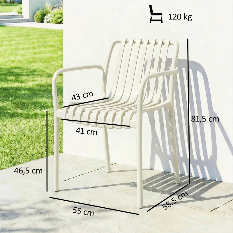 Set di 4 sedie da giardino impilabili con braccioli, design a lamelle, ergonomiche, bianco crema