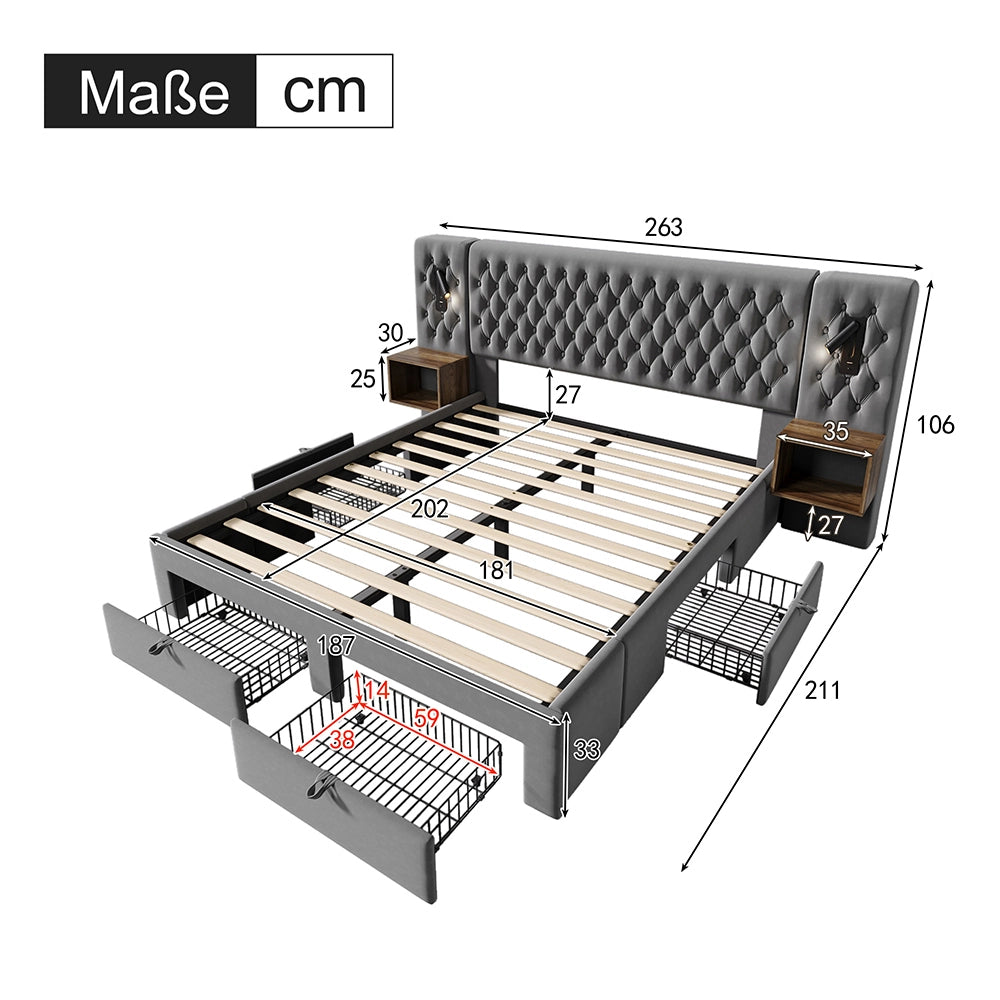 Letto con contenitore 180x200 cm - Xylo - 2 comodini, 4 cassetti, USB, velluto grigio