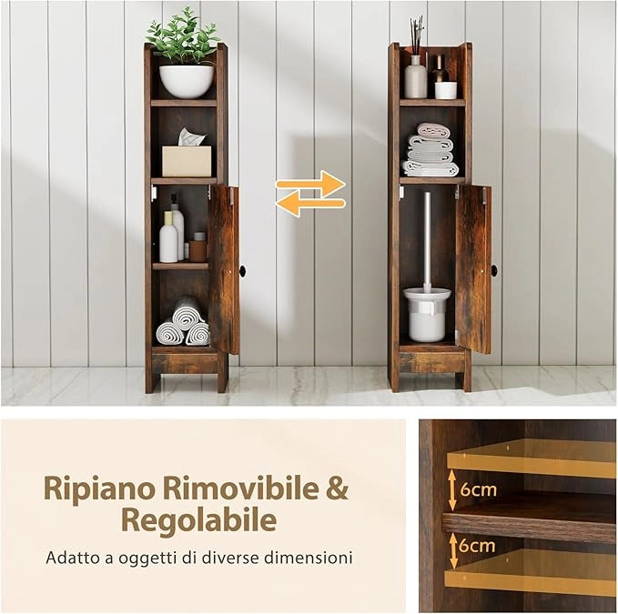 Mobiletto Bagno, Credenza da Terra in Legno per Angoli con Porta e Ripiani Regolabili, Credenza Stretta Salvaspazia per Porta Carta Igienica, Ideale per Bagno e Cucina (Marrone)