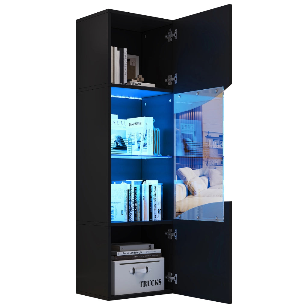 Vetrina alta e stretta 35 x 50 x 165 cm, finitura nero lucido, con LED e ante in vetro temperato