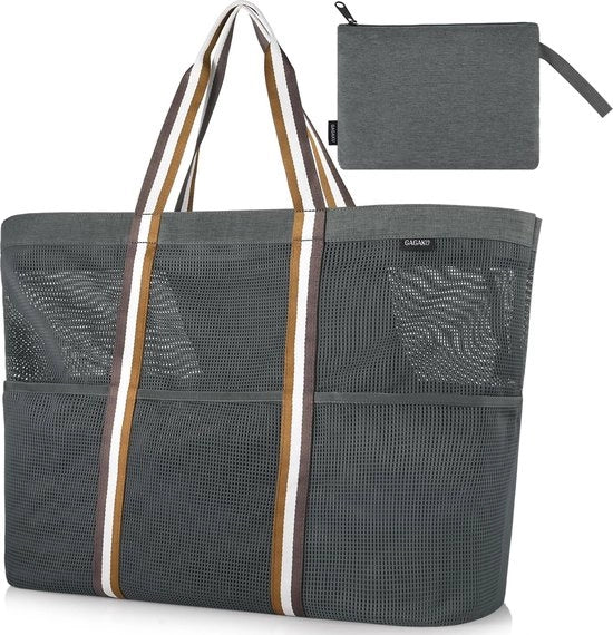 Tas da Bagno XXL per Famiglia grande borsa da spiaggia con chiusura a zip borsa da spiaggia mesh per viaggi di spiaggia - nero/grigio/verde