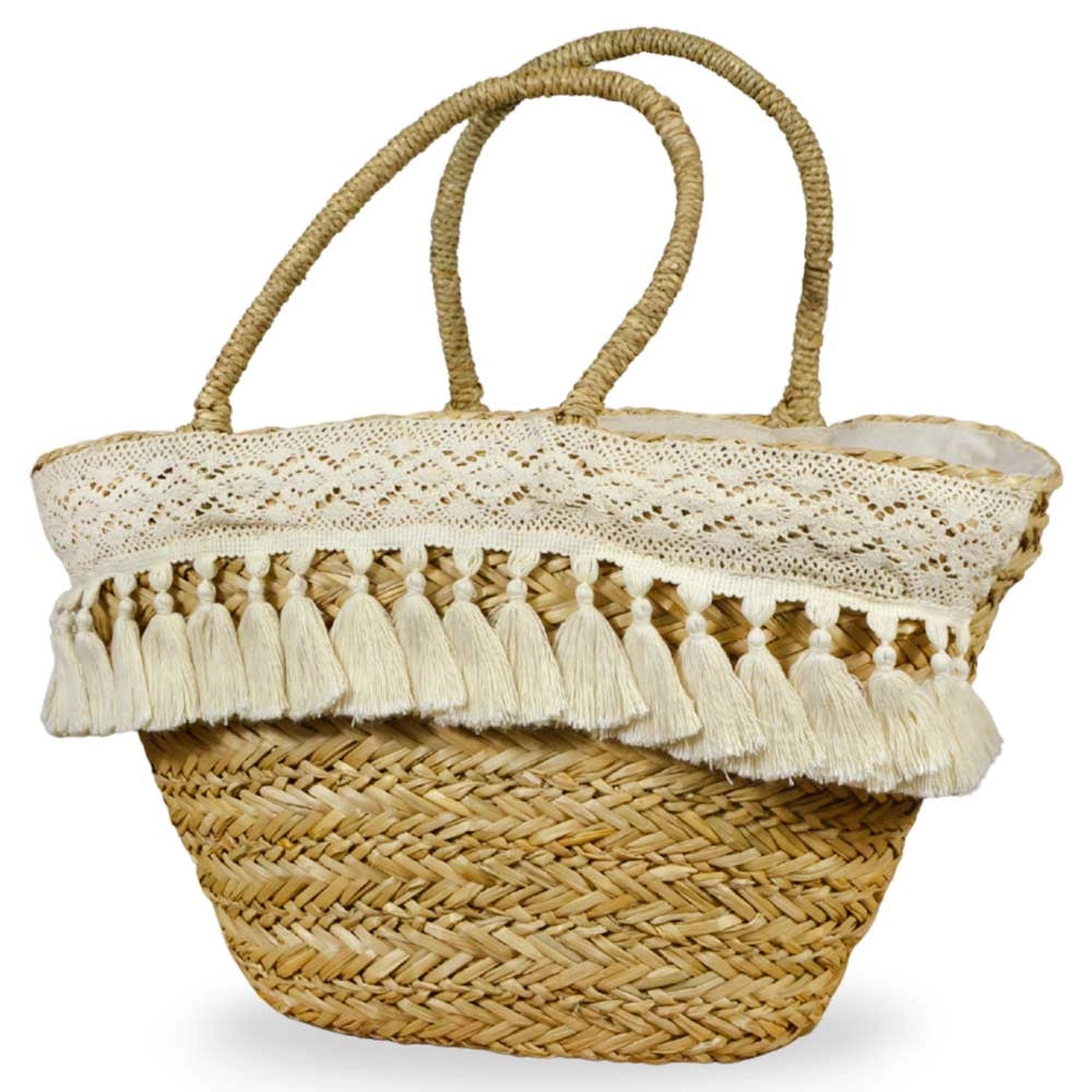 Borsa con Cappello Mare in omaggio in Paglia Intrecciata con Nappe in Cotone