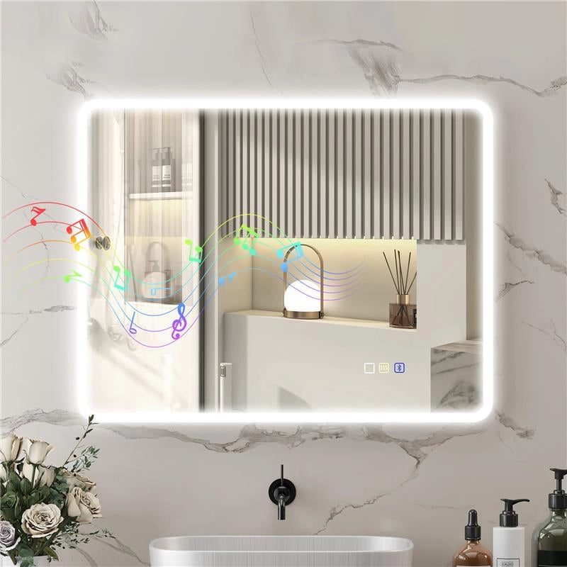 SPECCHIO DA BAGNO LED BLUETOOTH, CON INTERRUTTORE TOUCH, LUCE REGOLABILE, 3 COLORI, ANTI-APPANNAMENTO, 70 X 90 CM, ARGENTO