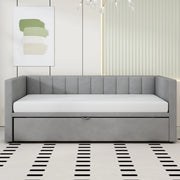 Letto estraibile singolo 90×200 cm e 180×200 cm con rete; schienale e braccioli; senza materasso; grigio
