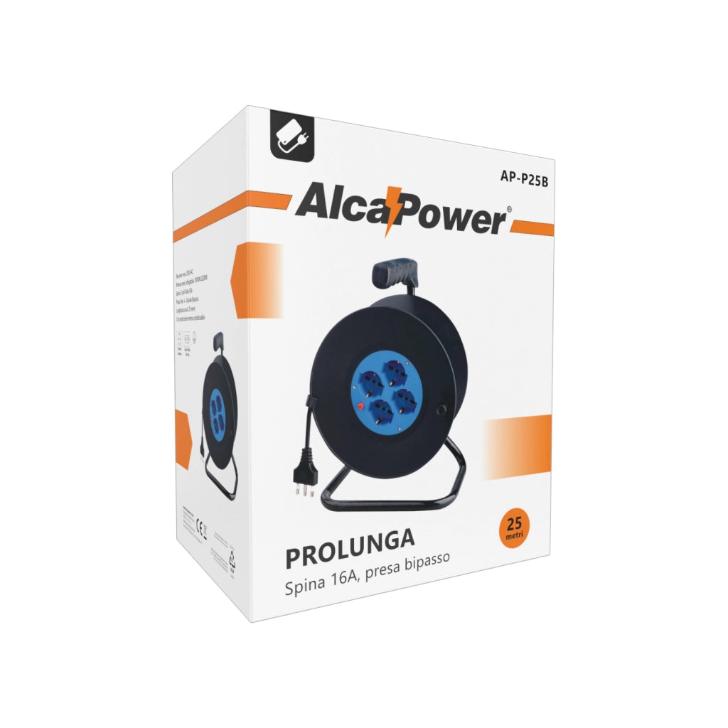 Alcapower Prolunga Avvolgicavo 25 metri con 4 Prese Universali Schuko Bipasso, Potenza Massima 2200W, Spina Italiana 16A 3 Poli, Serie Professionale
